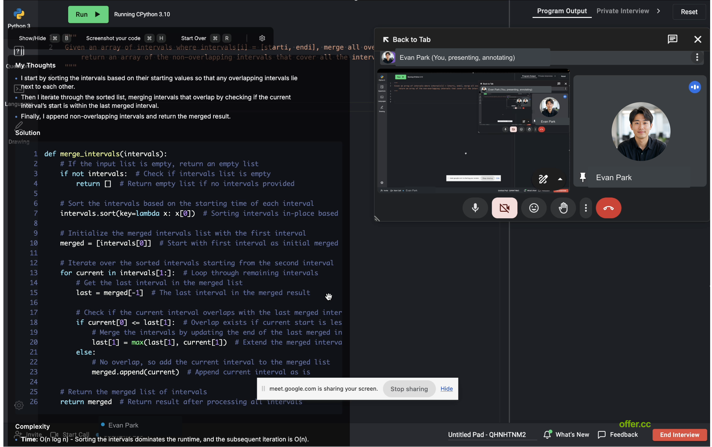 Offer.cc mostrando una respuesta en la vista local de escritorio mientras la pantalla compartida permanece en el espacio de trabajo de la entrevista