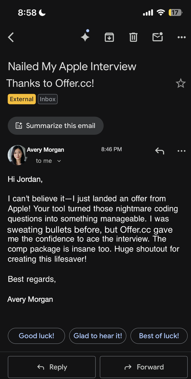 Un candidato comparte que Offer.cc le ayudó con preguntas de código y a obtener una oferta de Apple.