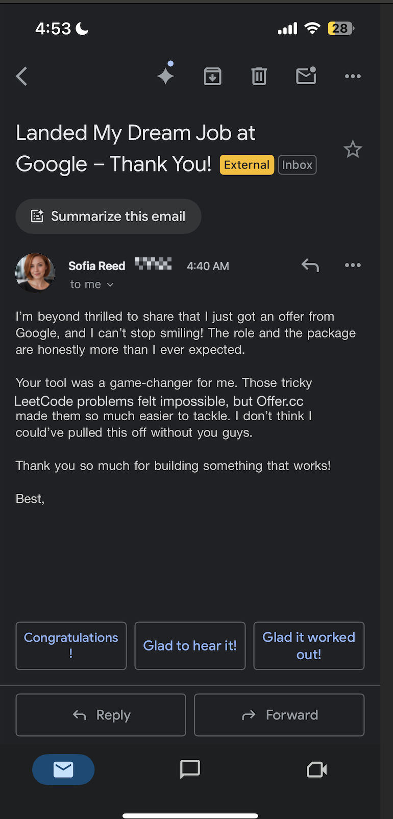 A candidate shares that Offer.cc helped with LeetCode questions and an offer from Google.
