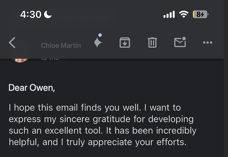 A user writes to thank Offer.cc for helping with their interviews.